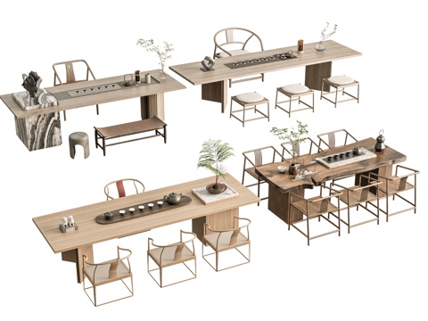  新中式茶桌椅 茶桌椅组合 茶台 茶桌椅 茶具用品组合3d模型 