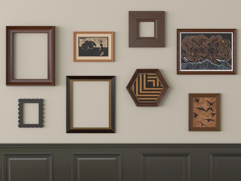 中古复古相框 画框 照片墙 挂画su模型