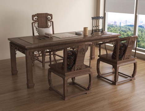 新中式办公桌椅组合 书桌椅su模型