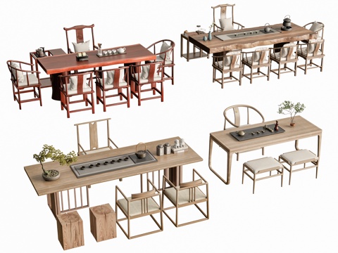  新中式茶桌椅 茶桌椅组合 茶台 茶桌椅 茶具用品组合3d模型 