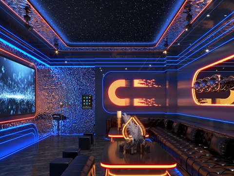 KTV包厢  包房  沙发组合 发光茶几 线条灯 波纹板su模型