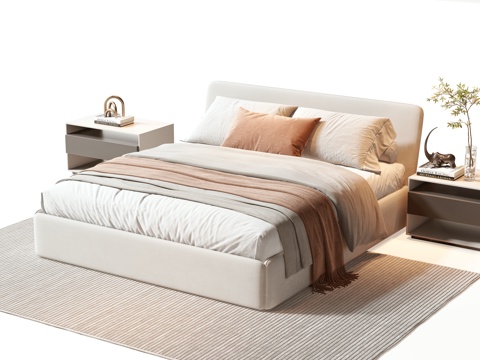  现代双人床 床 双人床 床头柜 摆件 枕头 书 绿植 饰品3d模型 