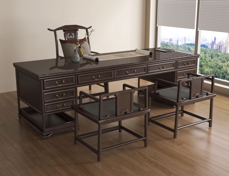 新中式办公桌椅组合 书桌椅su模型