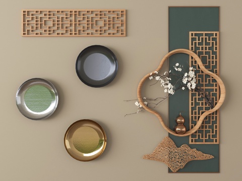 新中式墙饰挂件 立体墙饰su模型