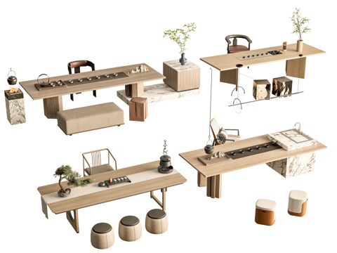  新中式茶桌椅 茶桌椅组合 茶台 茶桌椅 茶具用品组合3d模型 