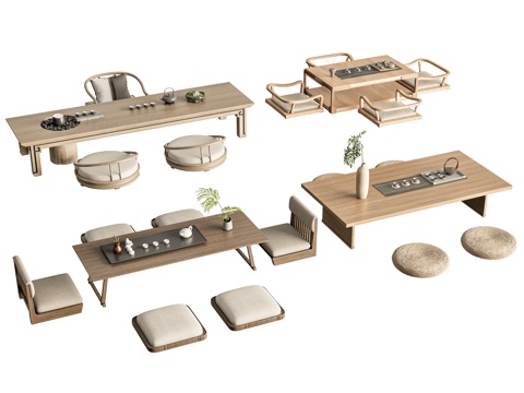  新中式茶桌椅 茶桌椅组合 茶台 茶桌椅 茶具用品组合3d模型 