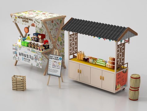 中式摊位 夜市摊位 网红摊位 小吃摊 售货亭su模型
