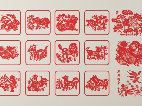中式十二生肖剪纸 窗花su模型