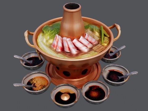 铜火锅涮肉蘸酱组合su模型