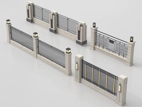 现代围墙 景墙 小区围墙 铁艺围栏su模型