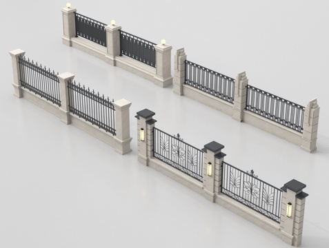 现代围墙 景墙 小区围墙 铁艺围栏su模型