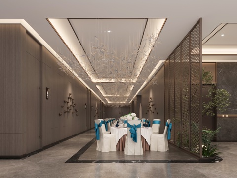  酒店过道 酒店走廊 电梯 餐桌椅 装饰品 墙饰 吊灯 屏风3d模型 