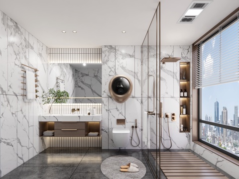 现代简约卫生间_干湿分离卫生间_现代卫生间_简欧卫生间_马桶su模型