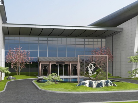  新中式门楼牌坊花格石头绿化景观3d模型 