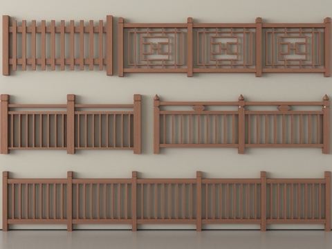 新中式栏杆护栏 栅栏围栏 实木围栏护栏 扶手su模型