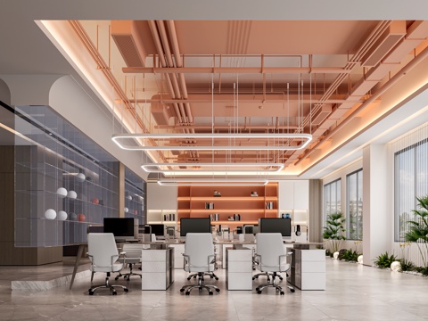  现代办公区 办公桌椅 植物 花草 盆栽 吊灯 管道 书柜 柜3d模型 