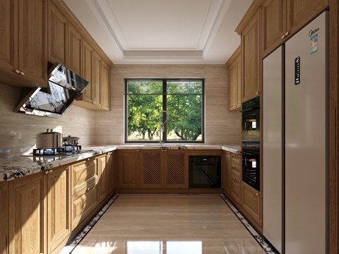  现代原木厨房3d模型 