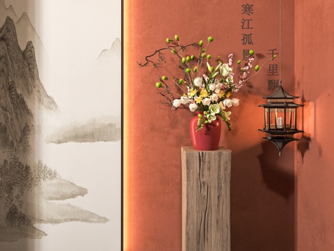 新中式花瓶干支摆件 中古侘寂风 艺术漆墙面 宋式美学su模型