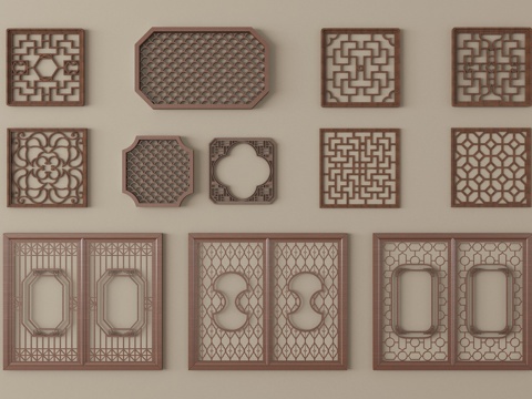 新中式镂花窗 雕花窗户 花格木窗 园林花窗 镂空花格窗su模型