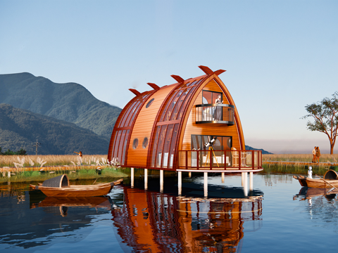 现代滨水民宿 木屋 船型民宿su模型