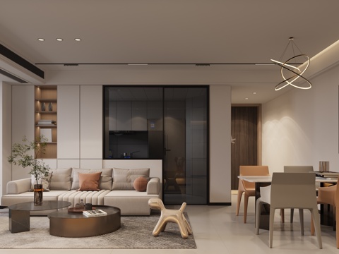  奶油风客餐厅3d模型 