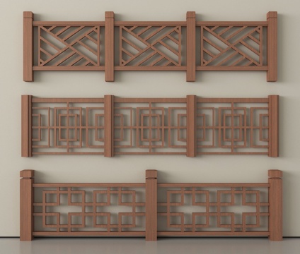 新中式栏杆护栏 栅栏围栏 实木围栏护栏 扶手su模型