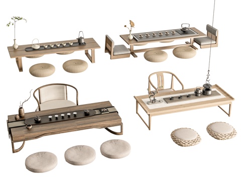  新中式茶桌椅 茶桌椅组合 茶台 茶桌椅 茶具用品组合3d模型 