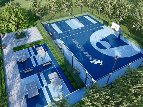 现代篮球场 羽毛球场 乒乓球场地su模型