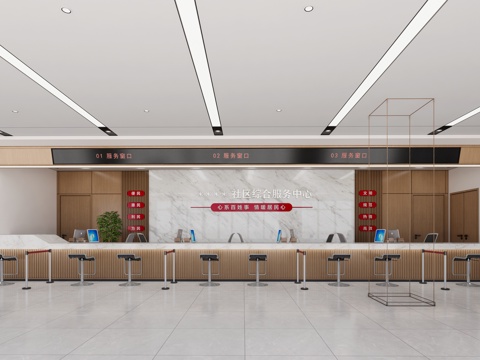 现代极简办公大堂_现代办事大厅_社区活动中心_办事大厅_su模型