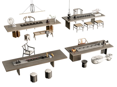  新中式茶桌椅 茶桌椅组合 茶台 茶桌椅 茶具用品组合3d模型 