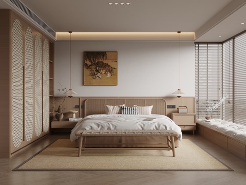  侘寂风卧室 双人床 衣柜3d模型 