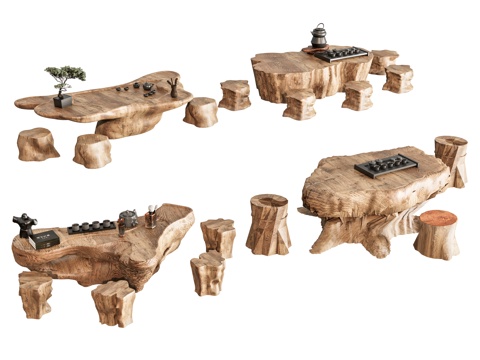  新中式茶桌椅 茶桌椅组合 茶台 茶桌椅 茶具用品组合 榻榻米3d模型 