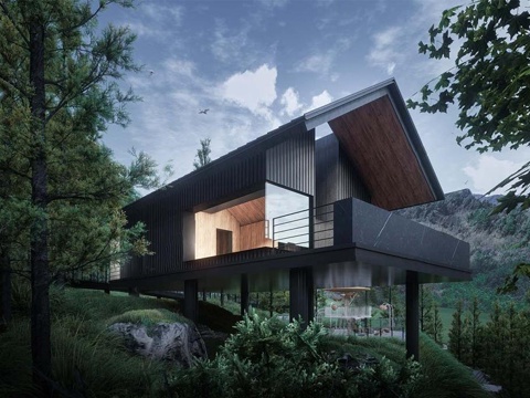 现代民宿建筑 木制 异形su模型