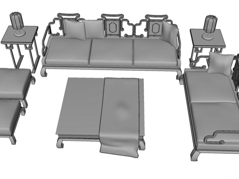 实木沙发 多人沙发 沙发 组合沙发su模型