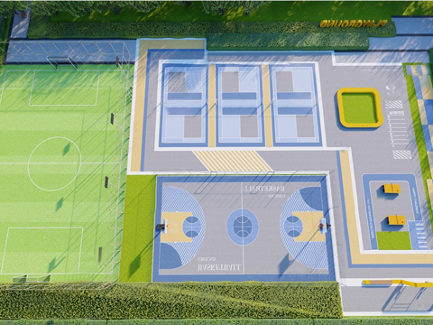 现代标准篮球场 标准足球场su模型