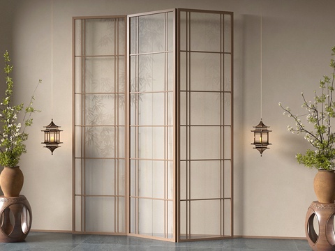  新中式隔断屏风盆栽吊灯3d模型 