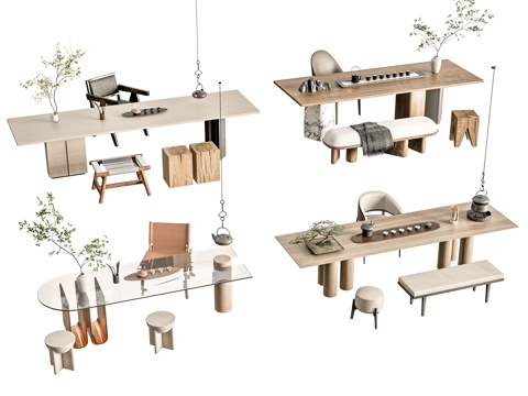  新中式茶桌椅 茶桌椅组合 茶台 茶桌椅 茶具用品组合 榻榻米3d模型 