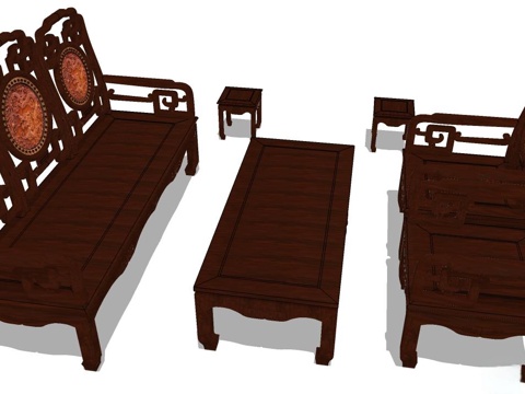 实木沙发 多人沙发 沙发 组合沙发su模型