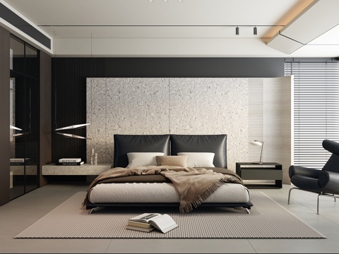 现代黑白灰卧室 极简暗黑卧室 现代意式卧室 皮革单椅皮革床具su模型