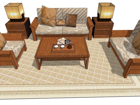 实木沙发 多人沙发 沙发 组合沙发su模型