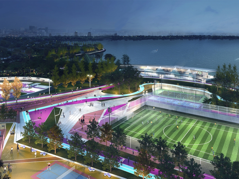 现代体育公园 足球场 滑板场地su模型