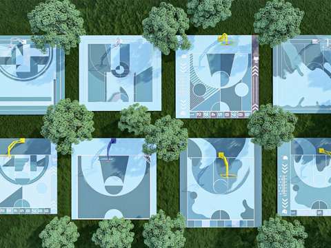 现代篮球场 艺术篮球场 半场篮球场su模型