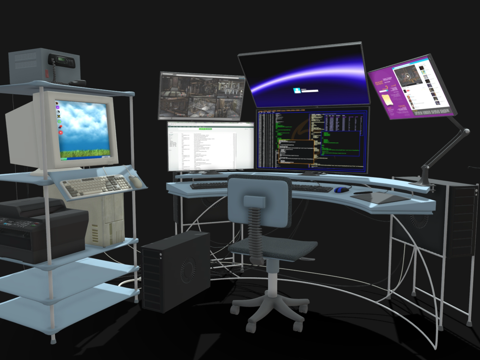 现代工作台 多屏幕操作台 炒股工作台 电脑屏幕su模型