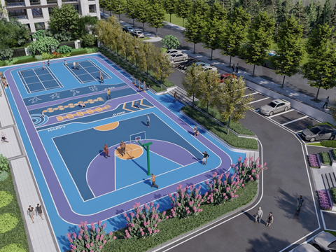 现代社区运动场地 小区篮球场 运动健身su模型