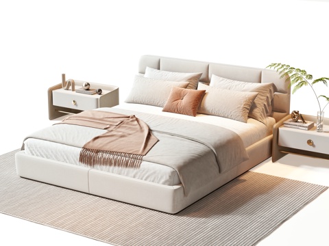  现代双人床 床 双人床 床头柜 摆件 枕头 书 绿植 饰品3d模型 