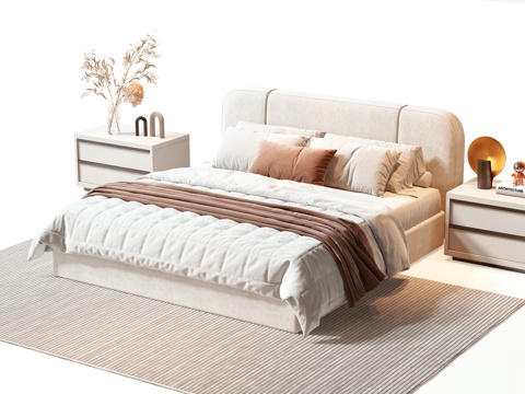  现代双人床 床 双人床 床头柜 摆件 枕头 书 绿植 饰品3d模型 