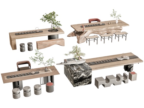  新中式茶桌椅 茶桌椅组合 茶台 茶桌椅 茶具用品组合 榻榻米3d模型 