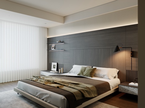 现代卧室 双人床 主卧 次卧 壁灯 饰品摆件su模型