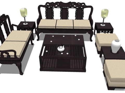 实木沙发 多人沙发 沙发 组合沙发su模型