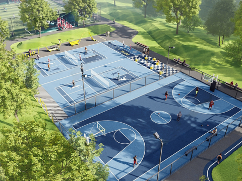 现代体育公园 球运动场 篮球 羽毛su模型